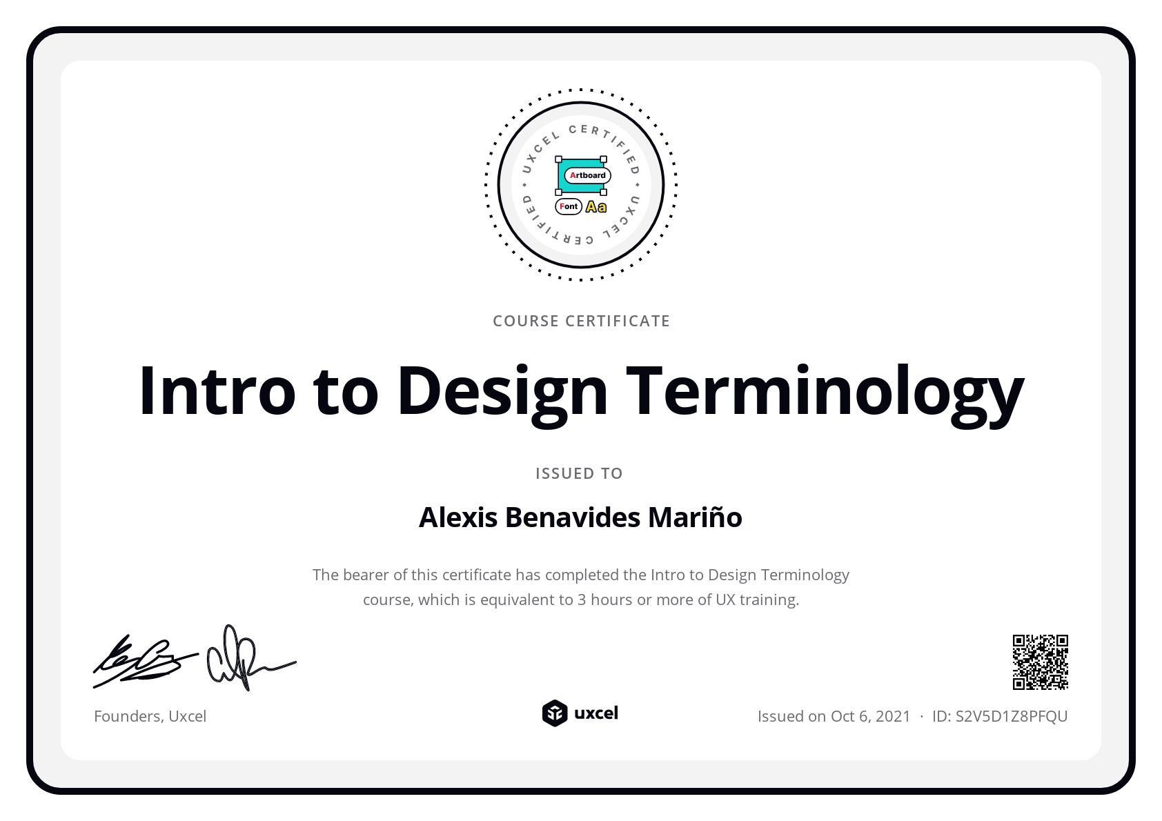 Alexis Benavides Mariño's certificate